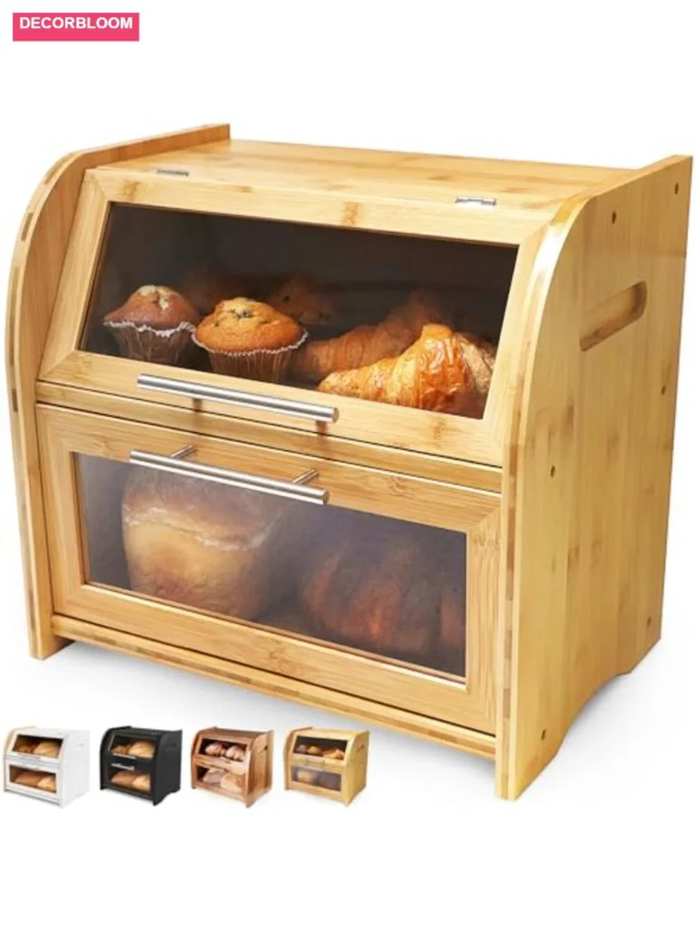 Extra Large 2 Shelf Bamboo Bread Box for Kitchen Countertop, Ventilated with